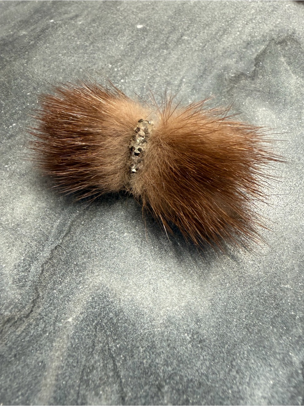 Vintage Estate Mink Brown Fur Brooch Crystal Rhinestone Pin